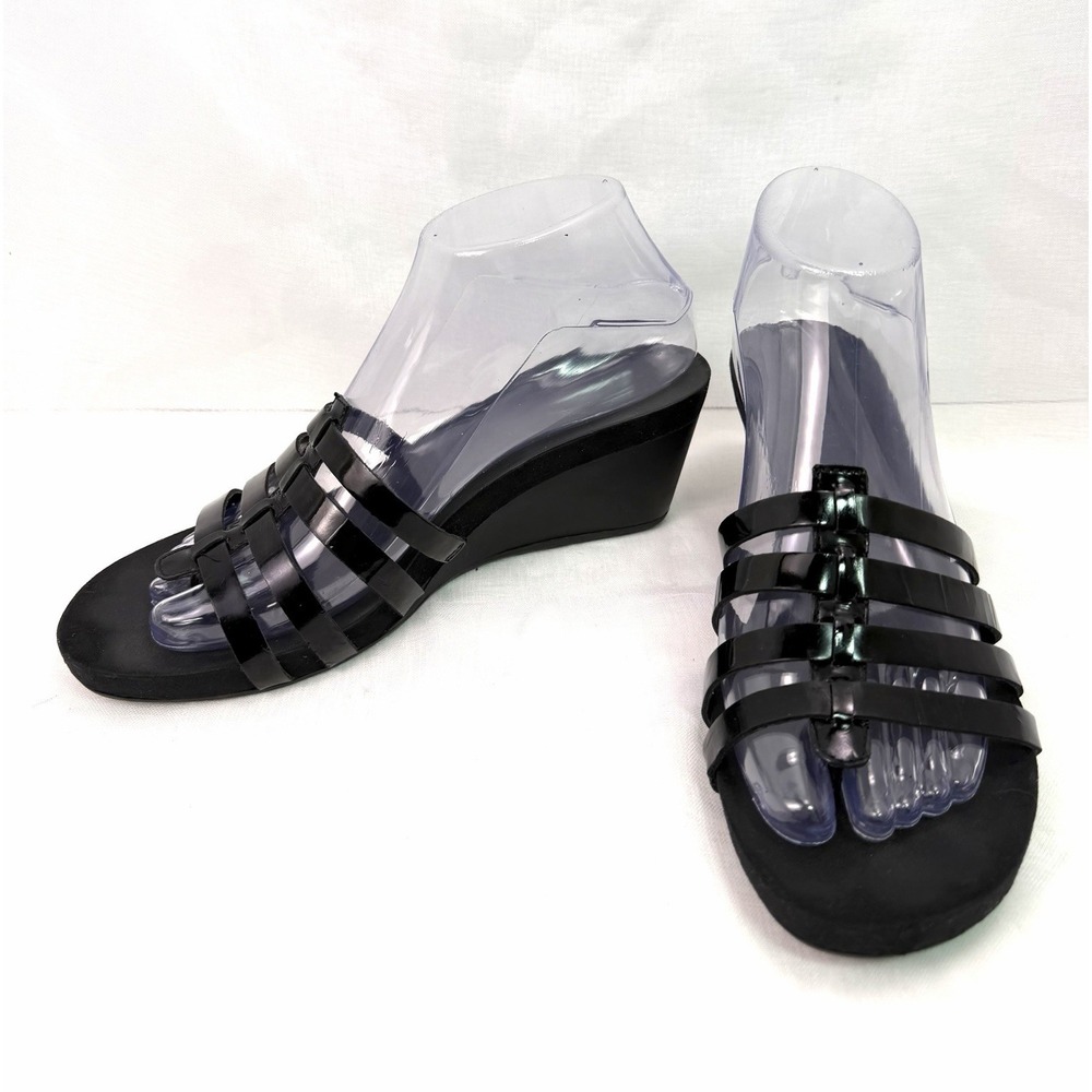 Nine West Women's 7.5M Black‎ Strappy Slide Wedge Sandals Open Toe